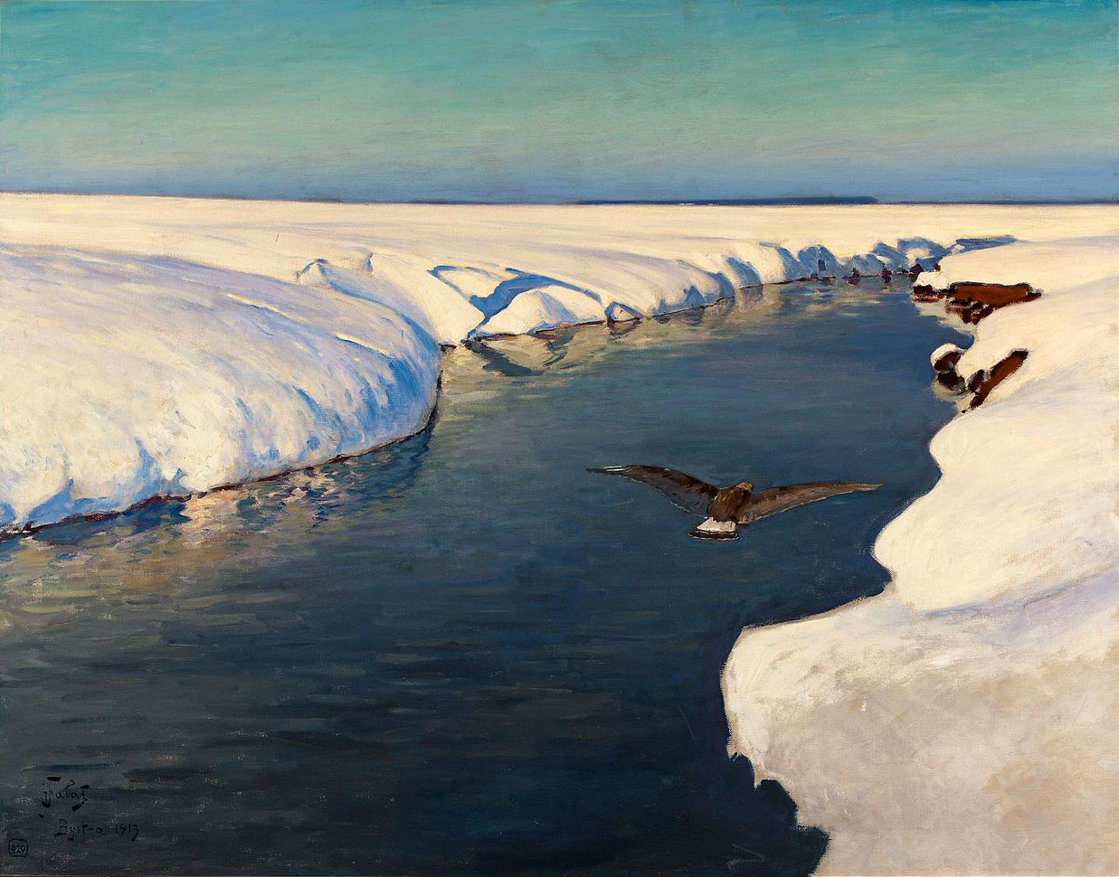 Paysage d'hiver avec rivière et oiseau