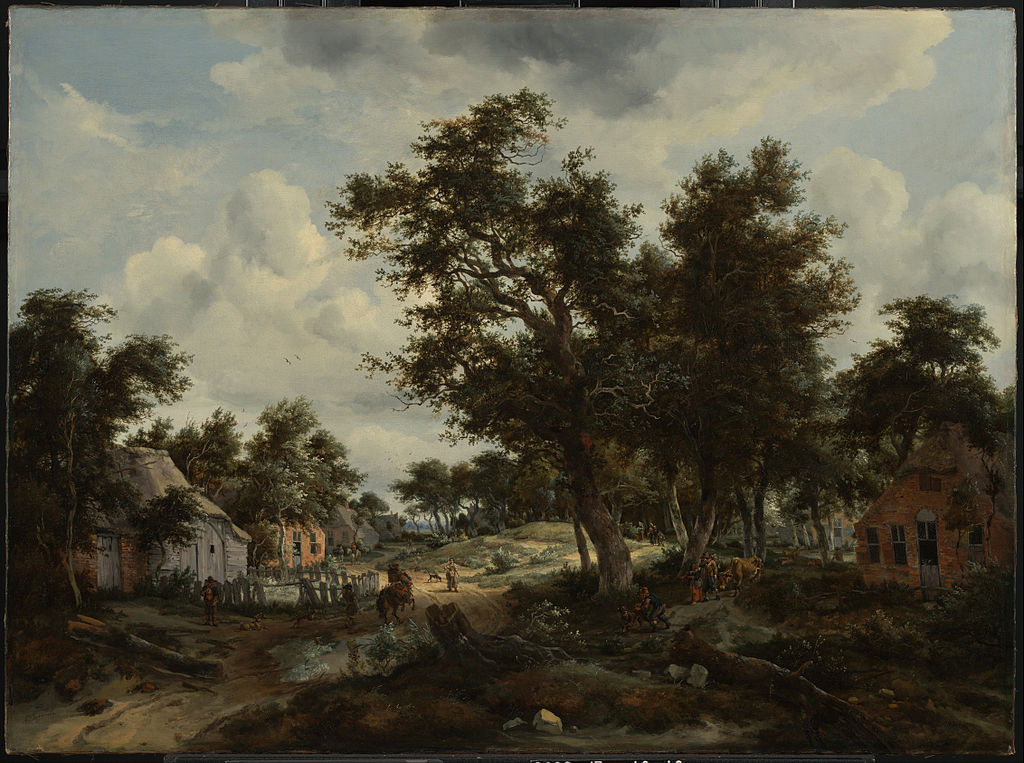 A wooded landscape with travelers on a path through a hamlet