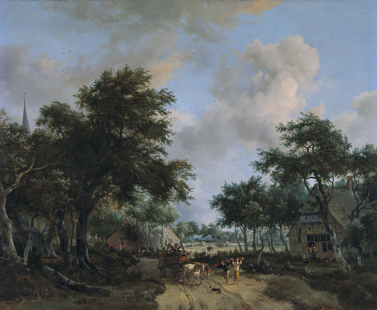 Forest landscape with a merry company in a cart