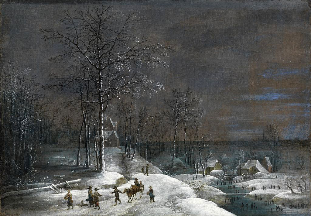 Paysage d'hiver avec moulin à eau enneigé